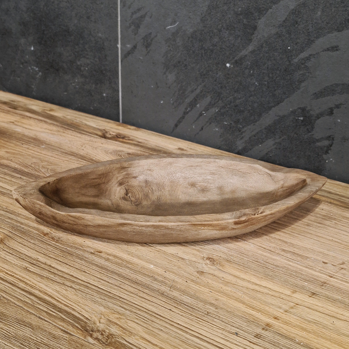 Teak-Altholz Deko-Schale in länglicher oder runder Form, ideal für Badgestaltung, natürliche Holzoptik, von Schale
