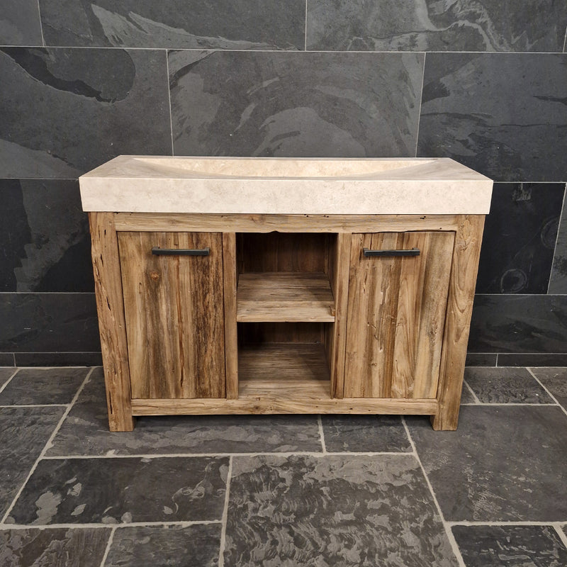 Teakholz Unterschrank mit Waschtisch | 126 x 55 x 80 cm | Handgefertigt | Model 2 - Travertin glatt - Badgestaltung