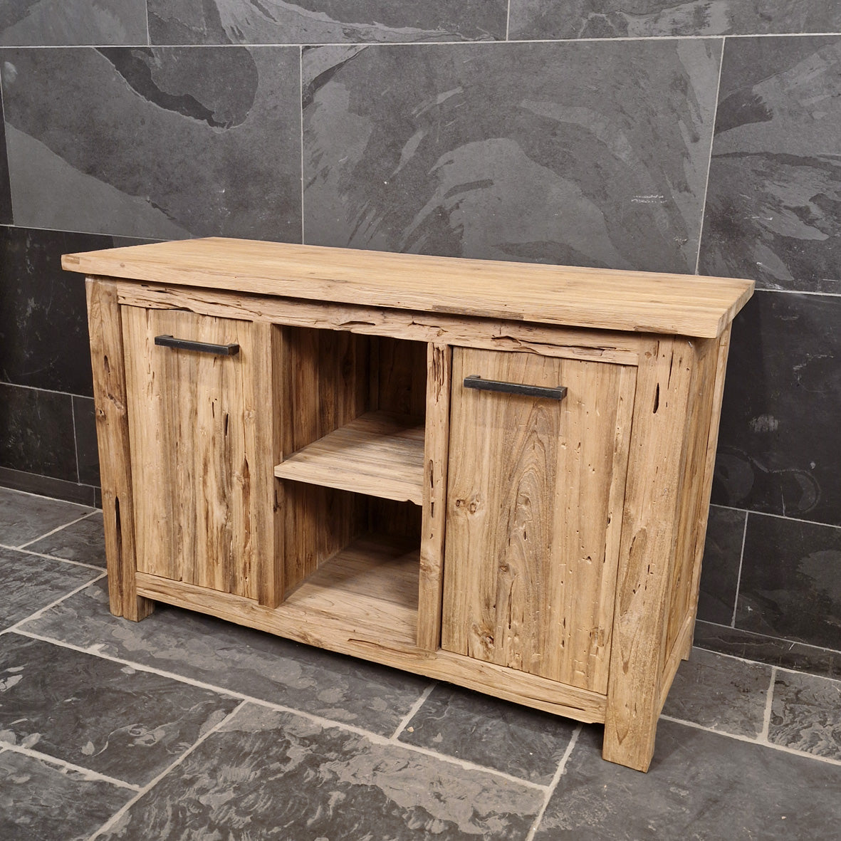 Badezimmer-Unterschrank aus recyceltem Holz von Borneo, naturbelassen, mit pflegeleichter Oberfläche, Modell 2, Maße 126x50x80 cm