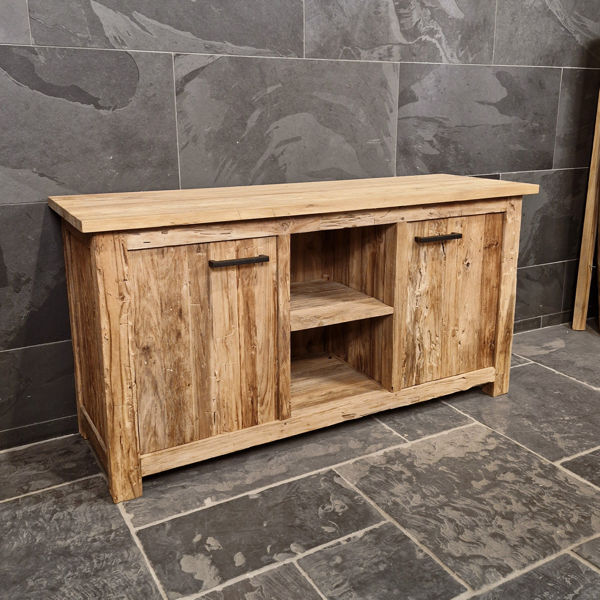 Badezimmer-Unterschrank aus recyceltem Holz von Borneo, naturfarben, robustes Badmöbel, 156x50x80 cm, modernes Design