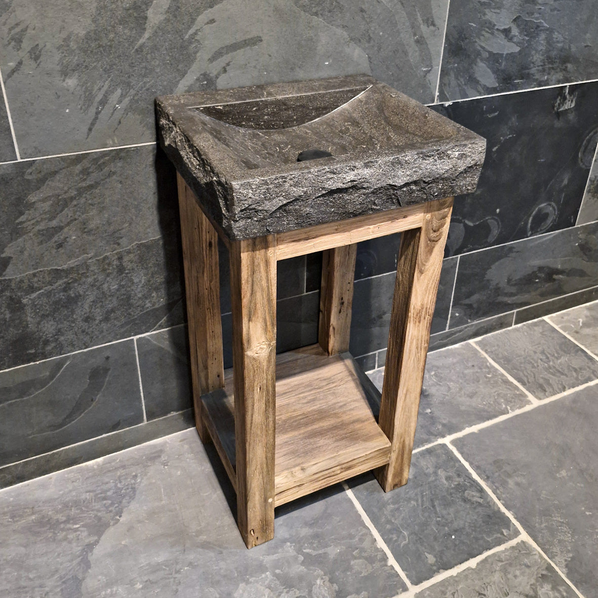 Badezimmermöbel mit Waschtisch aus Teak, grobe Blaustein-Optik, Denpasar Untertisch, 46x40x87cm, Badgestaltung