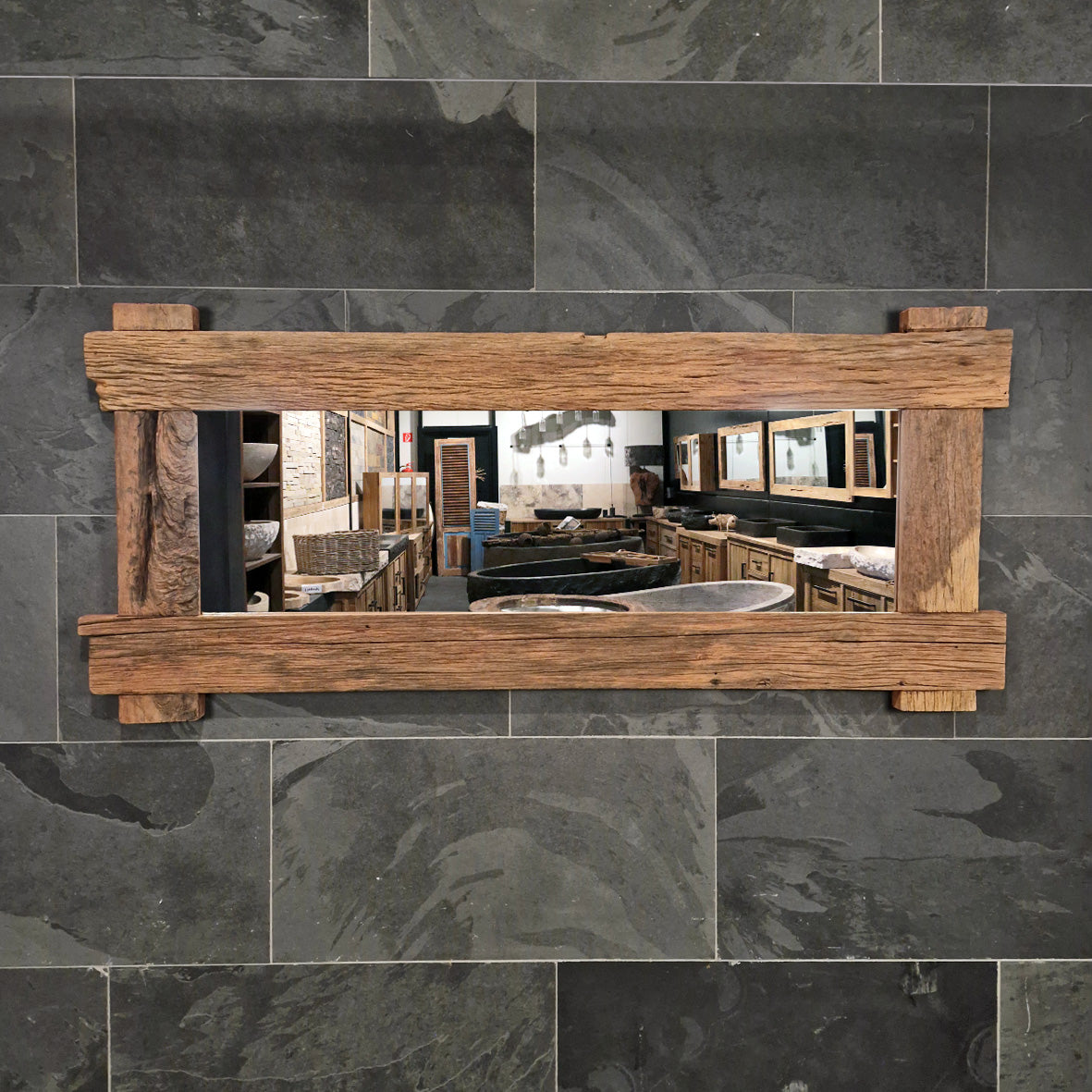 Recycelter Teakholz-Spiegel von EROSI, A12 - 16, Badgestaltung, 180x80 cm, natürliche Holzoptik, elegantes Design