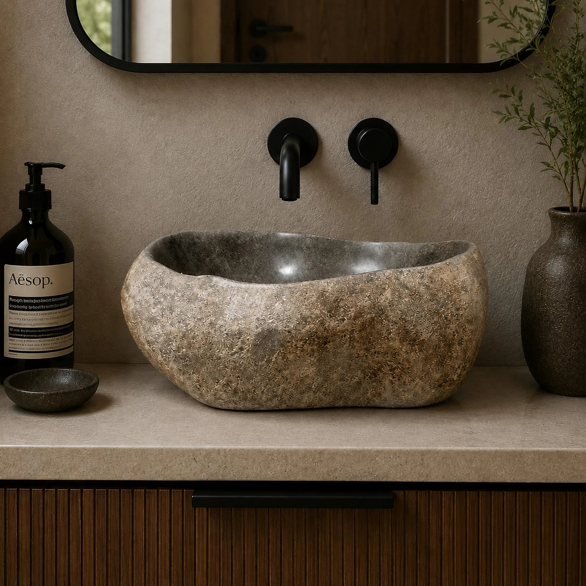 Wasbak van riviersteen | Natuursteen | Unieke stukken | 30-40 cm