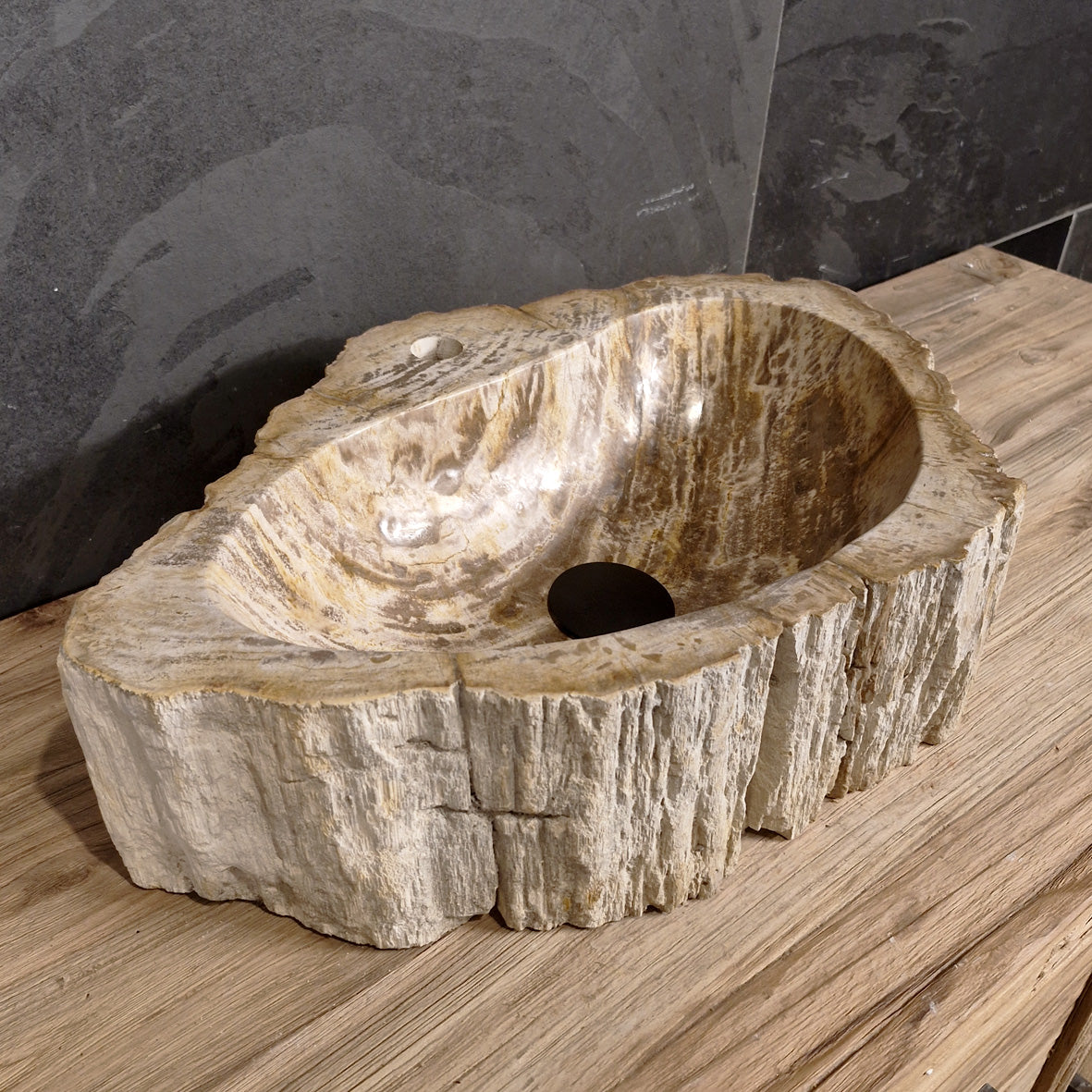 Aufsatzwaschbecken aus versteinertem Holz | Naturstein | Mit Hahnloch | 40-60 cm - Nr. A13 - 54 x 37 x 16 cm