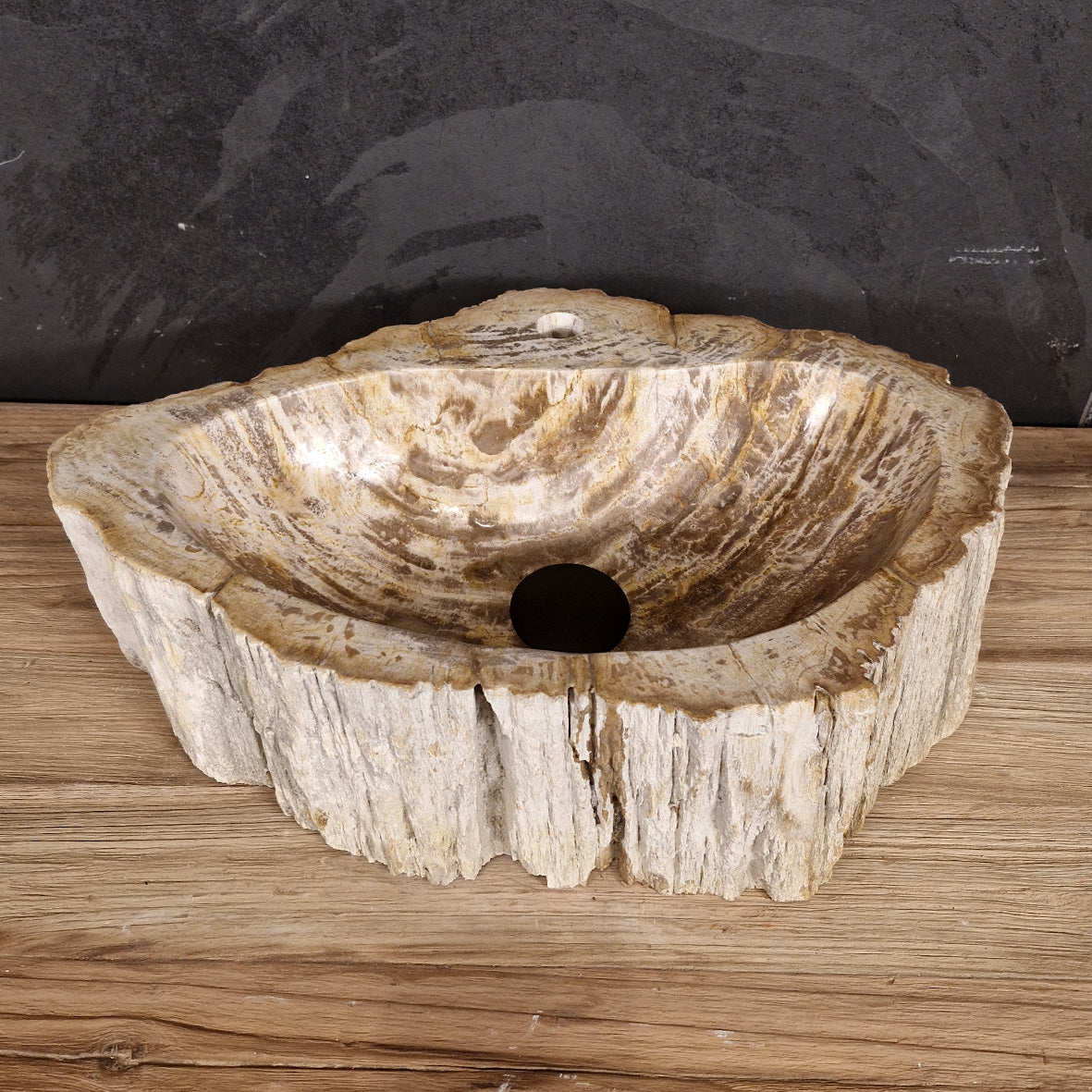 Aufsatzwaschbecken aus versteinertem Holz | Naturstein | Mit Hahnloch | 40-60 cm