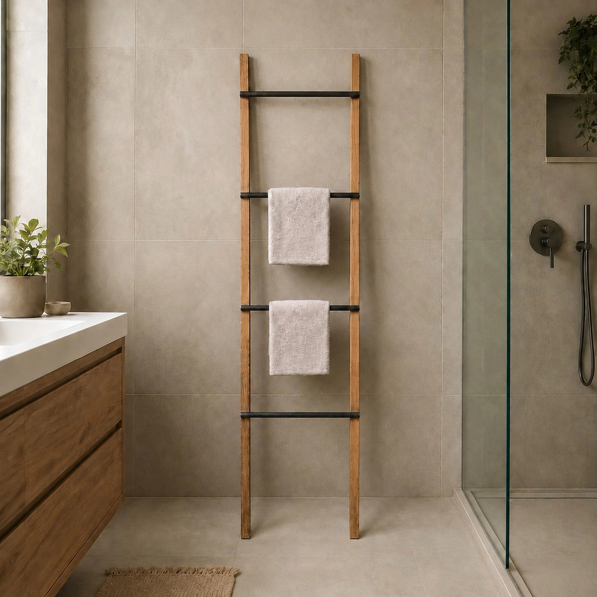 Teakhouten badkameraccessoire met metaal | Moderne natuurlook