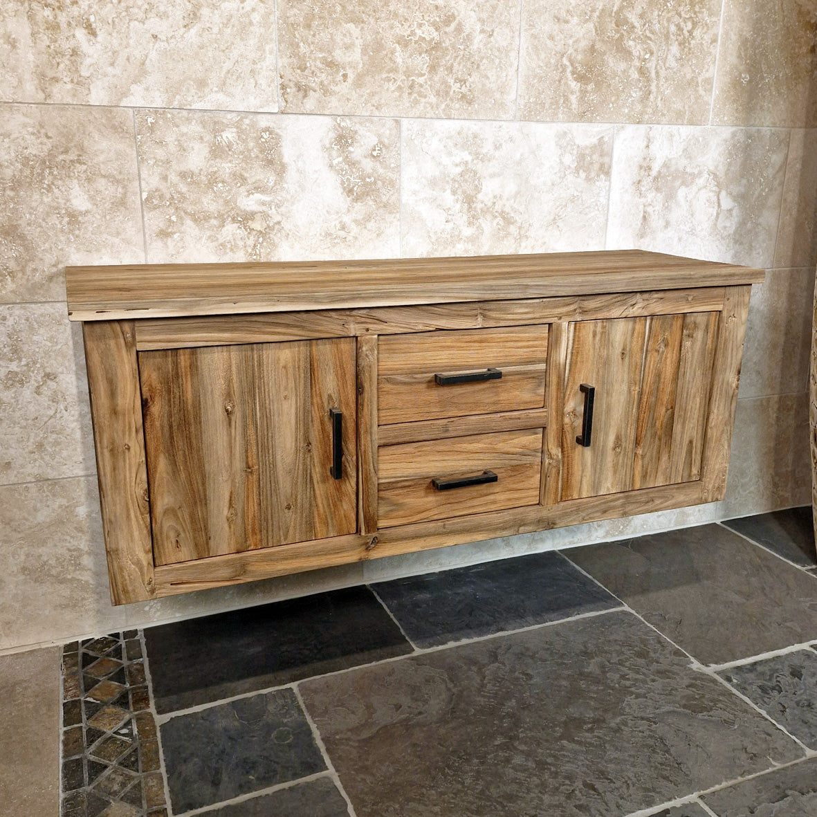 Wandhängeschrank Badezimmer aus recyceltem Teakholz von Jakarta, Massivholz, 150x48x58cm, stilvolle Badgestaltung