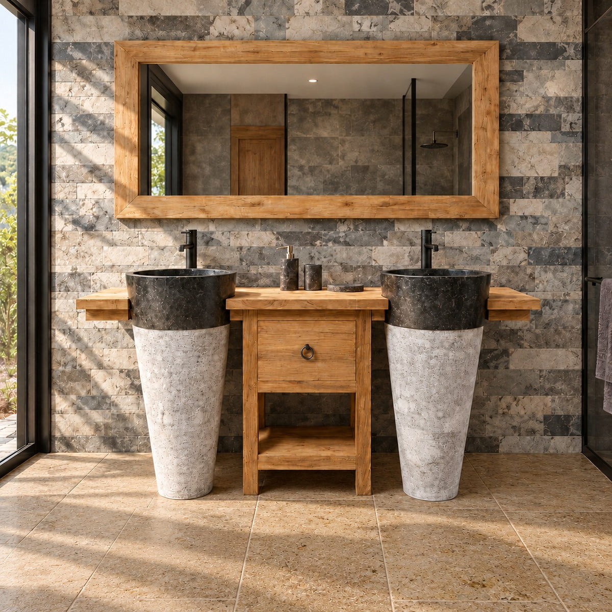 Badmeubel met twee staande wastafels | 170 x 40 x 80 cm | Massief teakhout