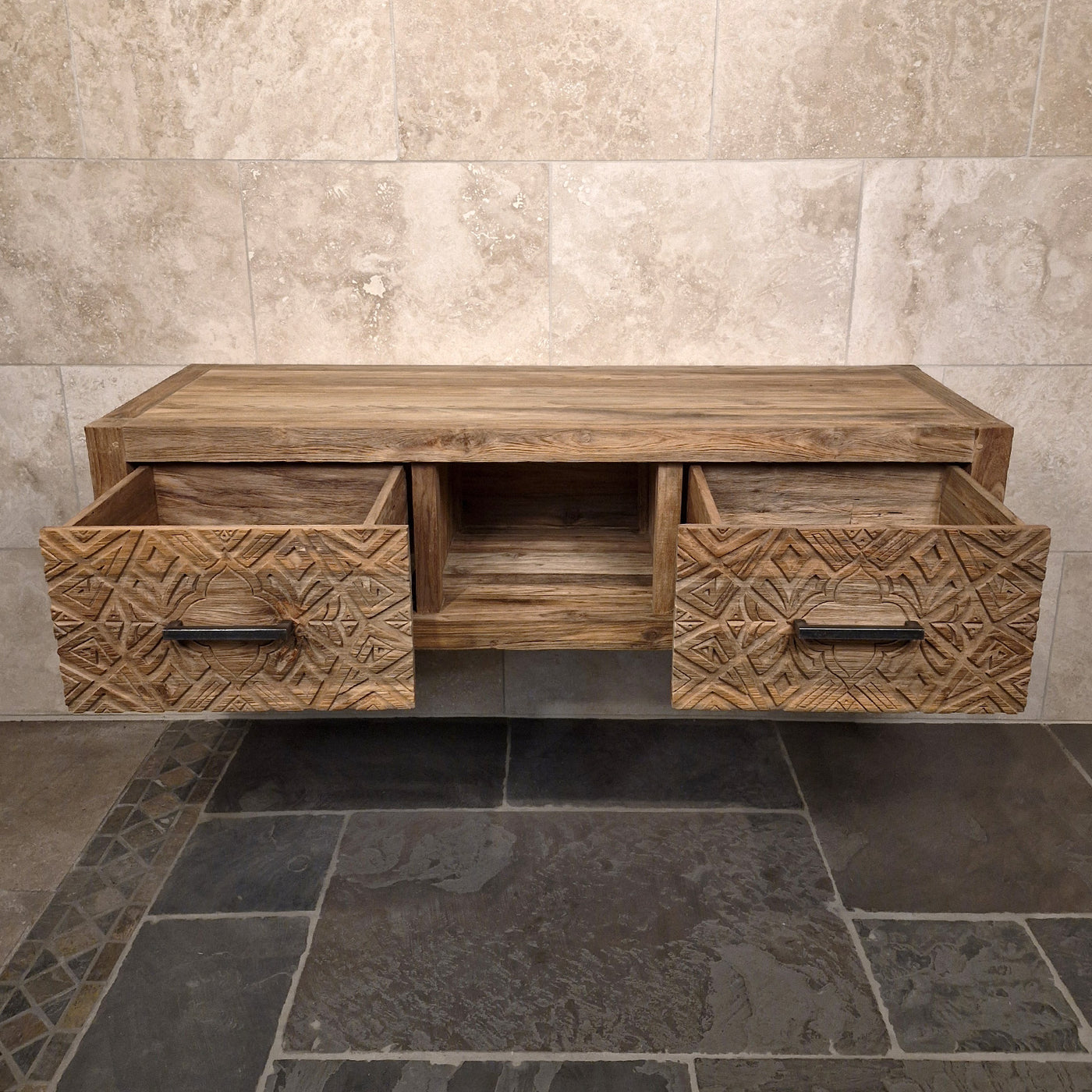 Hängeschrank mit Carving-Schubladen aus recyceltem Teakholz, Komodo 2, für moderne Badgestaltung, 150x53x41cm