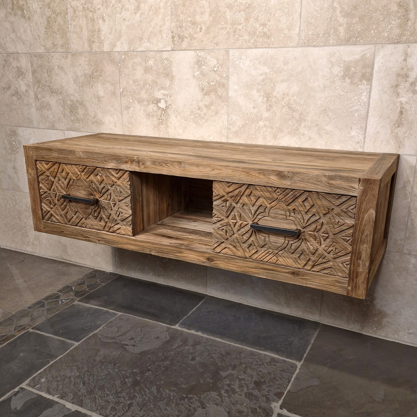 Hängeschrank mit Carving-Schubladen aus recyceltem Teakholz, Badgestaltung, KOMODO 2, Maße 150x53x41cm