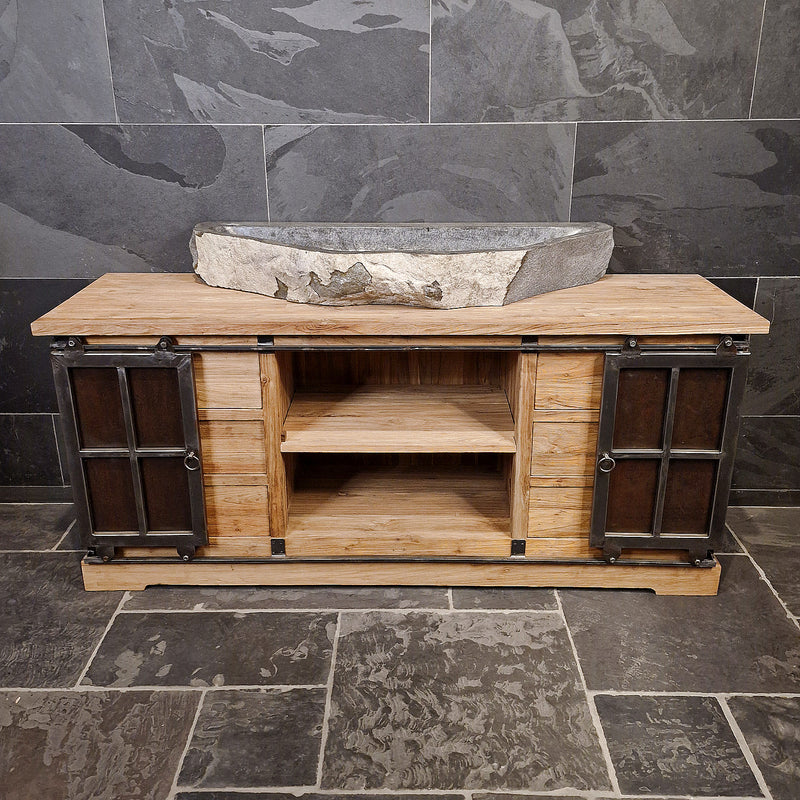 Unterschrank Badezimmer | Recyceltes Teak | Unterschrank mit Metall Schiebetüren - Badgestaltung