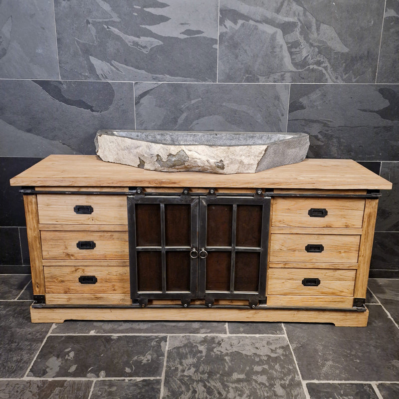 Unterschrank Badezimmer | Recyceltes Teak | Unterschrank mit Metall Schiebetüren - Badgestaltung