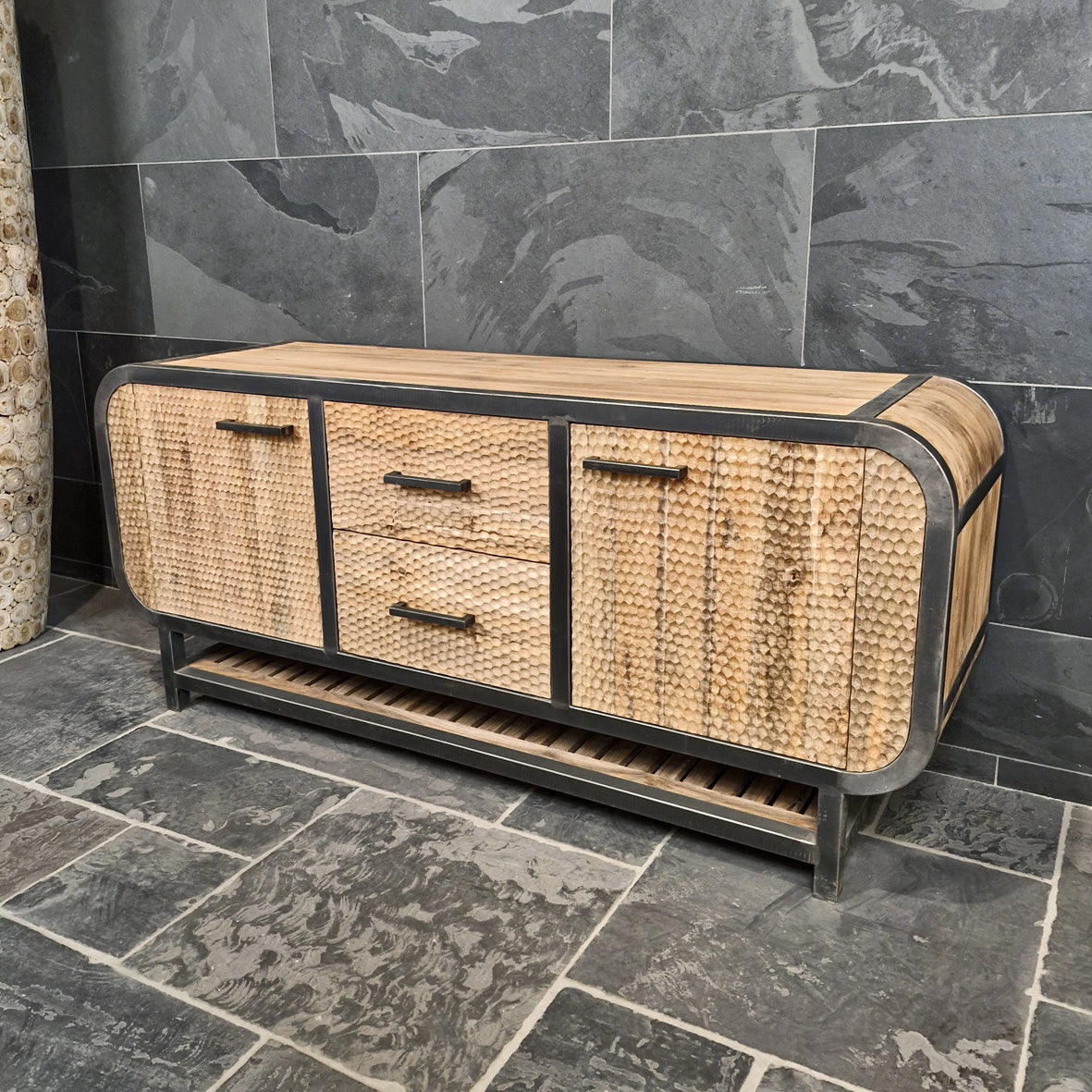 Badezimmer-Unterschrank im Retro-Stil aus recyceltem Teakholz, von Metal Look, mit 180x55x82cm, modernes Badmöbel