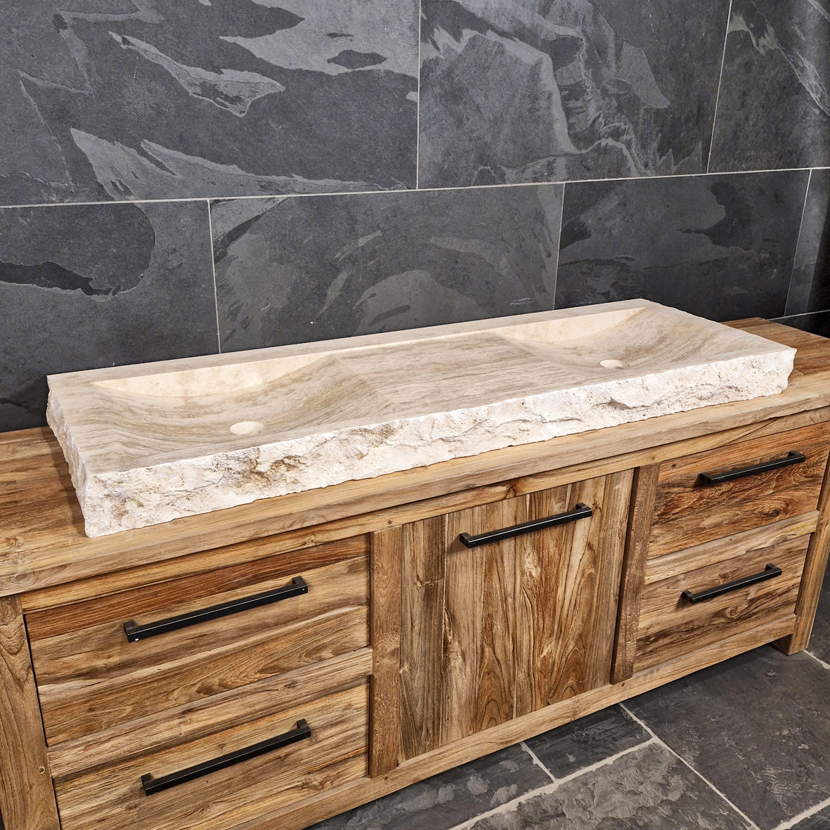 Dubbele wastafel | Travertin ruw | Natuursteen | Diverse afmetingen