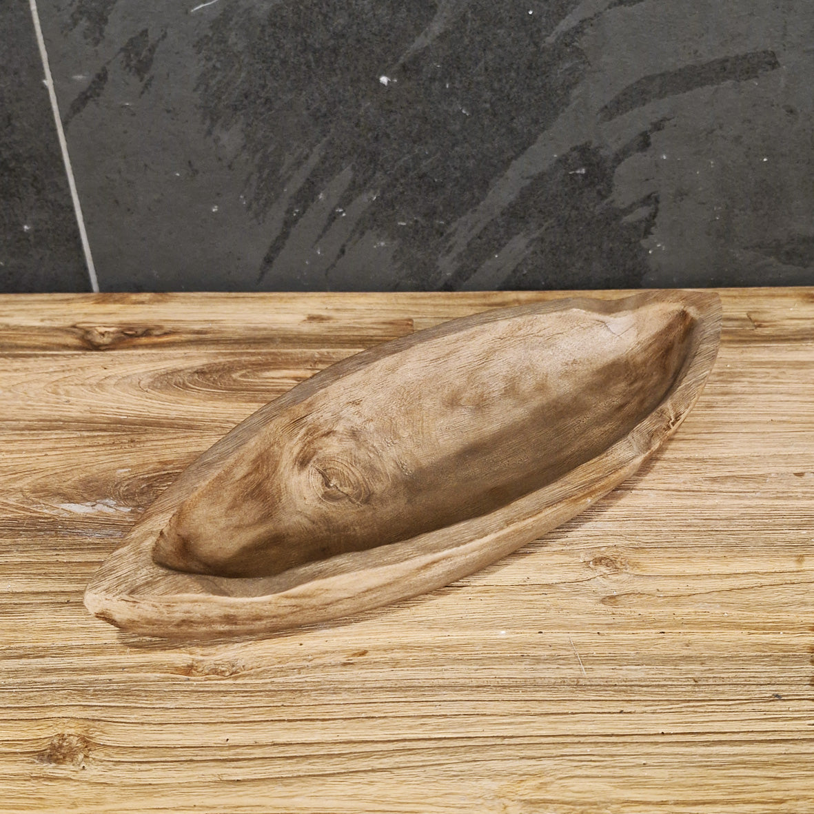 Schale aus Teak-Altholz, länglich oder rund, für Badgestaltung, mit natürlicher Holzmaserung und handgefertigtem Design
