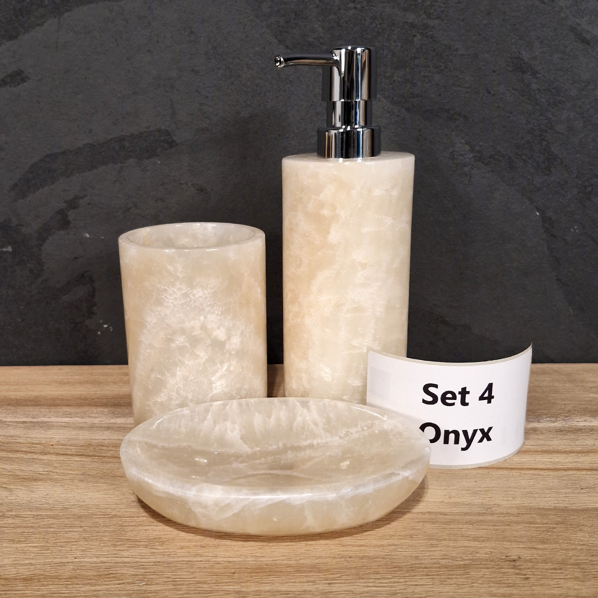 Beiges Onyx 3-teiliges Badgestaltungs-Set mit Seifenspender, gerade Form, elegante Badaccessoires
