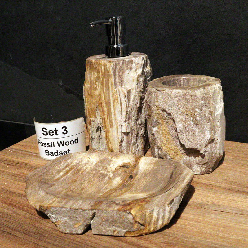 Seifenspender set aus versteinertes Holz 3-teilig