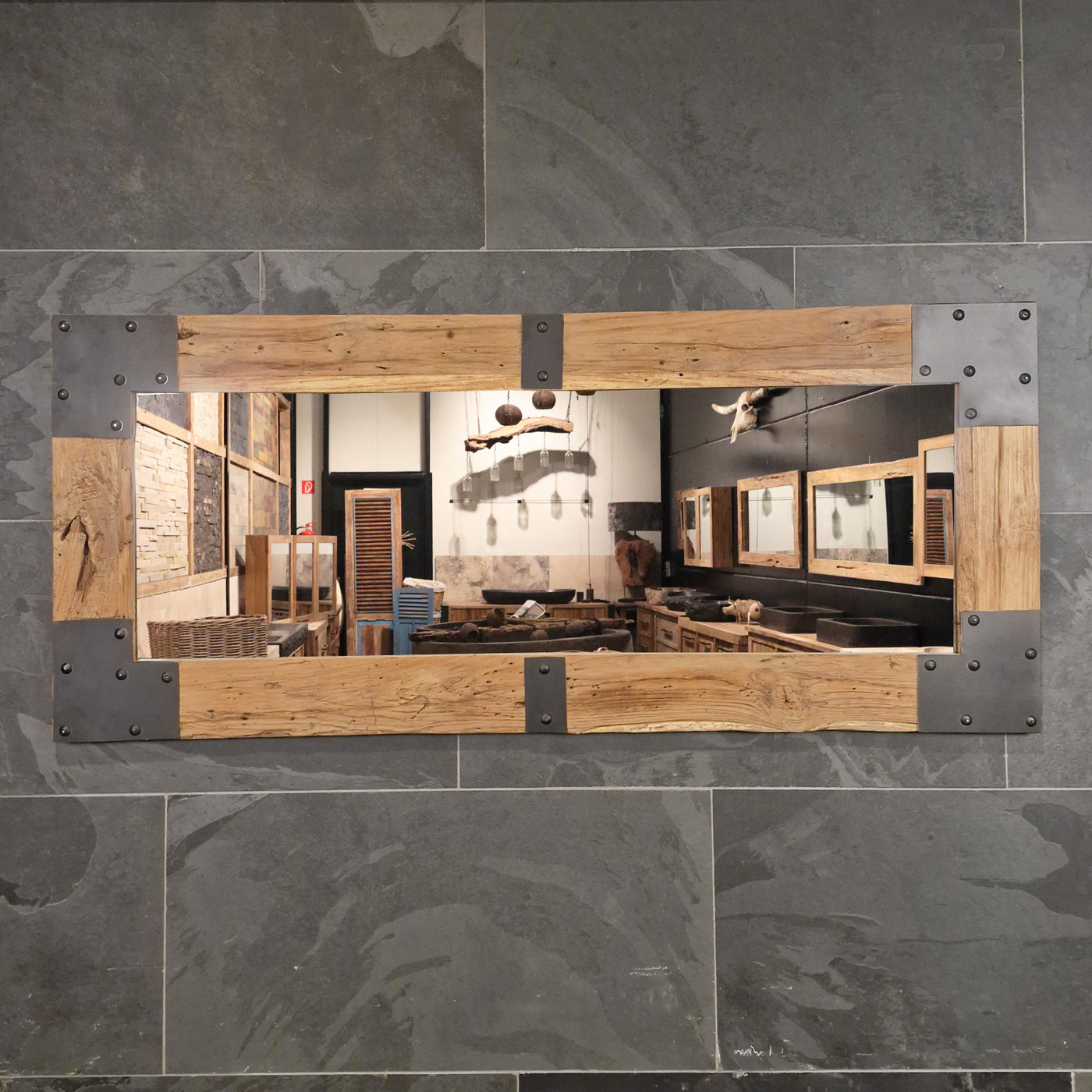 Wandspiegel Badspiegel aus recyceltem Teakholz, rechteckig, 160x70x4cm, Baumstumpf, Badgestaltung, modernes Design