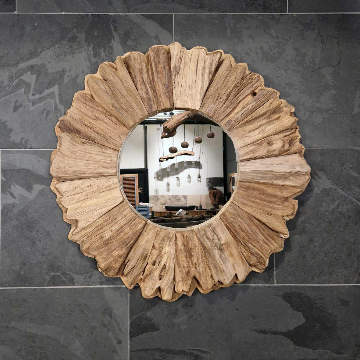 Wandspiegel Badspiegel aus recyceltem Teakholz in verschiedenen Größen, mit Blumenmuster, für modernes Badezimmerdesign