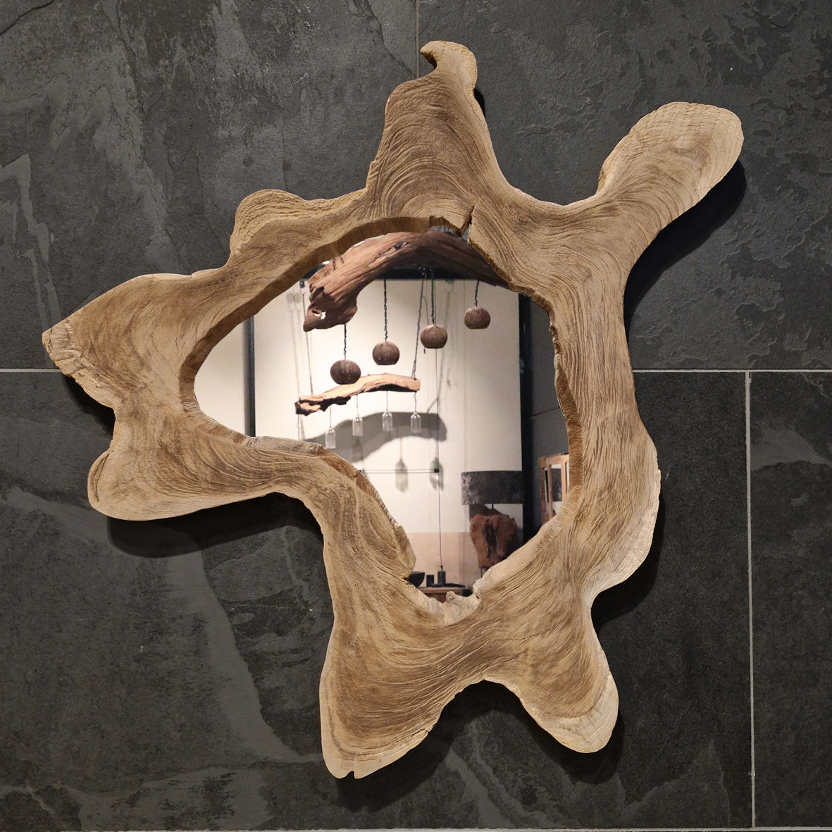 Wandspiegel Badspiegel aus Baumstumpf, rechteckig, 71x66 cm, mit Holzrahmen, für Badgestaltung, natürliche Optik