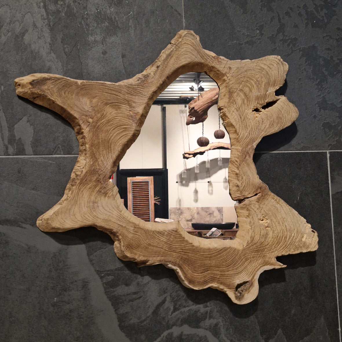 Wandspiegel Badspiegel von Baumstumpf, rechteckiger Badspiegel mit Baumscheiben-Design, Maße 59x62x4 cm, natürliche Optik