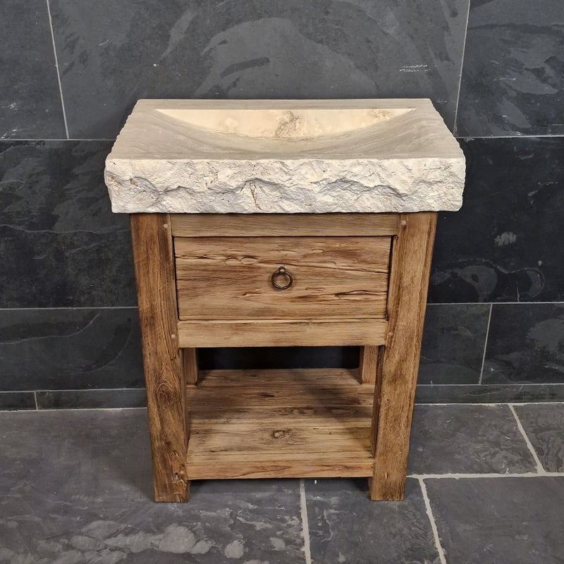 Kleiner Unterschrank mit Waschtisch | Aus recyceltem Teakholz gefertigt | Model 1 - B 75 x T 55 x H 87 cm / Travertin