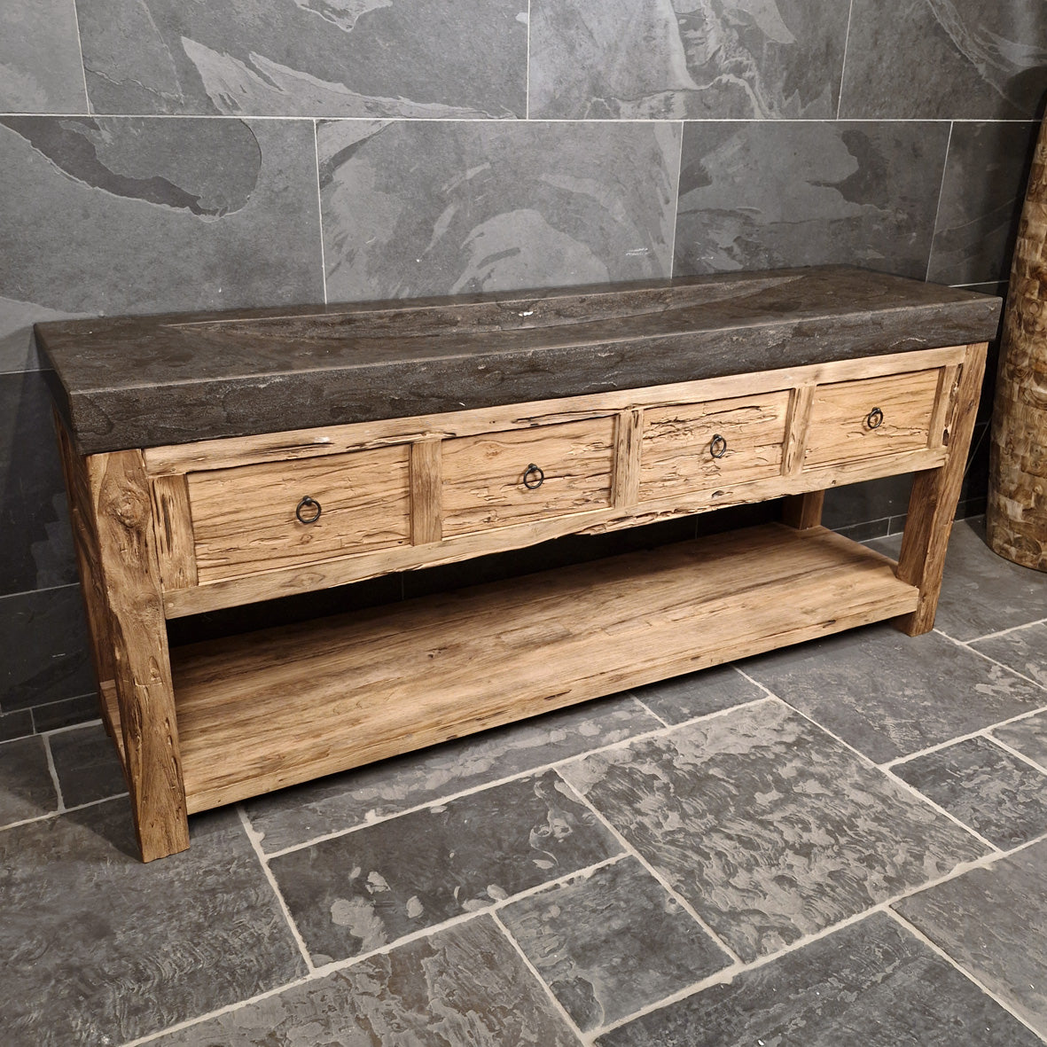 Teak Badunterschrank mit Waschtisch | Langlebig und einzigartig | Model 4 - Bilbao Blaustein glatt - Badgestaltung