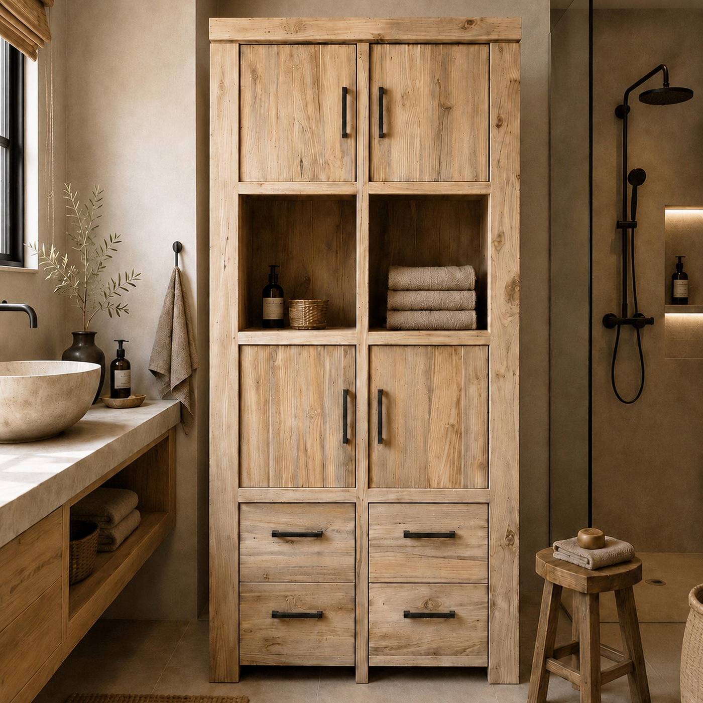 Grote hoge kast voor badkamer | Gemaakt van gerecycled hout | Model 8