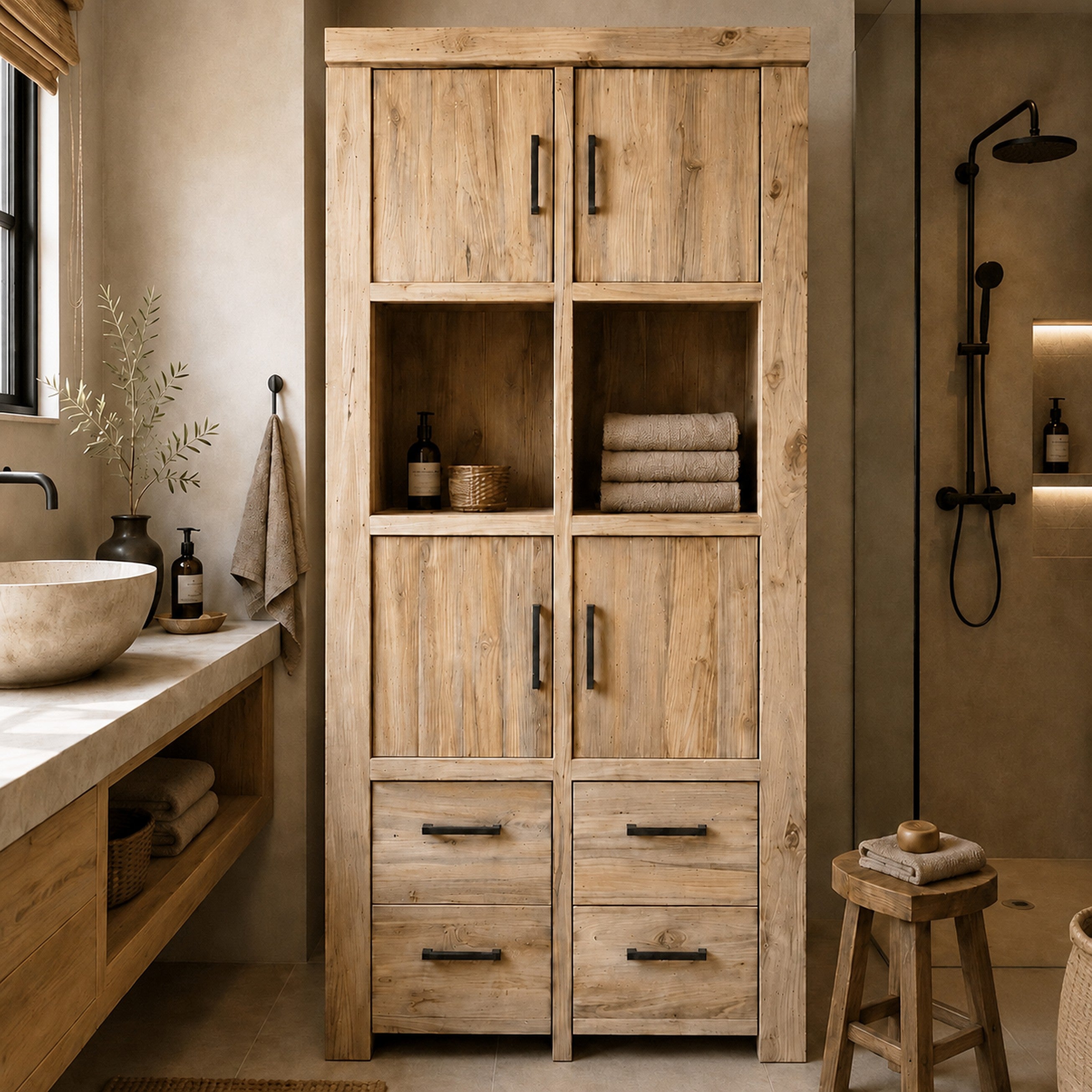Großer Hochschrank für Badezimmer | Gefertigt aus recyceltem Holz | Model 8