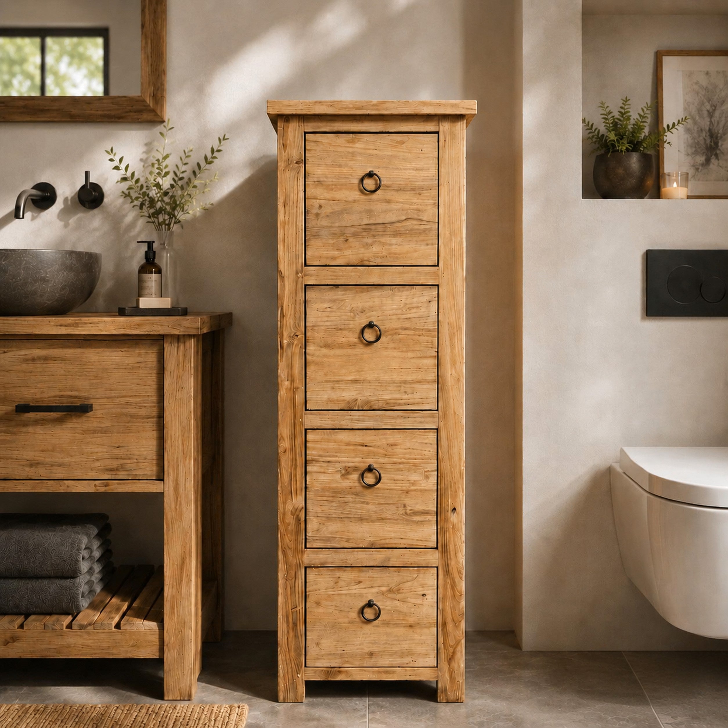 Hochschrank für Badezimmer | Teakholz | Schmal und funktional | Model 9