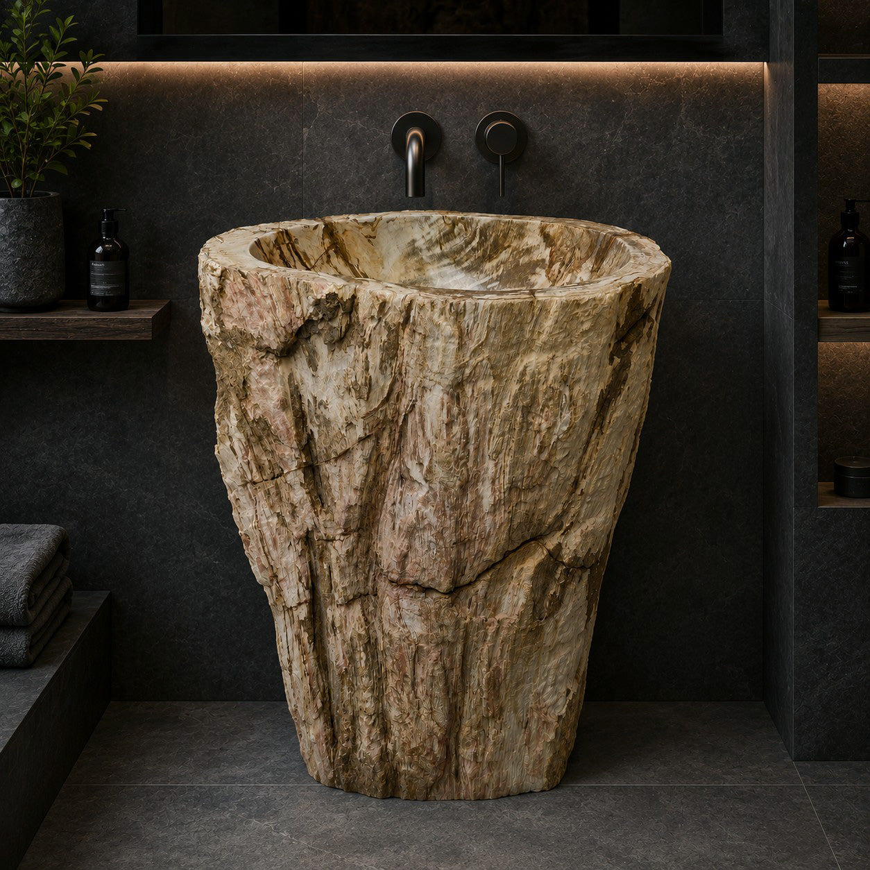 Staande wastafel | versteend hout | slanke natuurlijke vorm | 63 × 39 × 90 cm | Zakynthos Z5