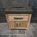 Badezimmerschrank aus recyceltem Teakholz, handgefertigter Unterschrank mit zwei Türen und glattem Blaustein-Waschtisch, rustikales Design, Maße 86 x 45 x 80 cm, einzigartiges Naturprodukt