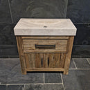 Badezimmerschrank aus recyceltem Teakholz, handgefertigter Unterschrank mit zwei Türen und glattem Travertin-Waschtisch oder Aufsatzwaschbecken, rustikales Design, Maße 86 x 45 x 80 cm, einzigartiges Naturprodukt