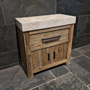 Badezimmerschrank aus recyceltem Teakholz, handgefertigter Unterschrank mit zwei Türen und glattem Travertin-Waschtisch oder Aufsatzwaschbecken, rustikales Design, Maße 86 x 45 x 80 cm, einzigartiges Naturprodukt