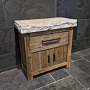 Badezimmerschrank aus recyceltem Teakholz, handgefertigter Unterschrank mit zwei Türen und rohem Travertin-Waschtisch oder Aufsatzwaschbecken, rustikales Design, Maße 86 x 45 x 80 cm, einzigartiges Naturprodukt