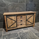 Badezimmerschrank aus recyceltem Teakholz, handgefertigter Unterschrank mit zwei Türen und drei Schubladen, rustikales Sideboard, Maße 150 x 47 x 80 cm, einzigartiges Naturprodukt
