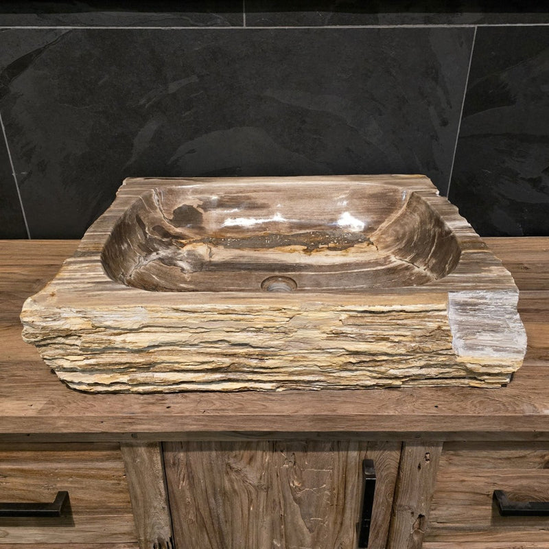 FOSSIL WOOD - Versteinertes Holz | Waschbecken Nr. 7 | B 60 x T 47 x H 15 cm - Badgestaltung | Afrika Naturstein