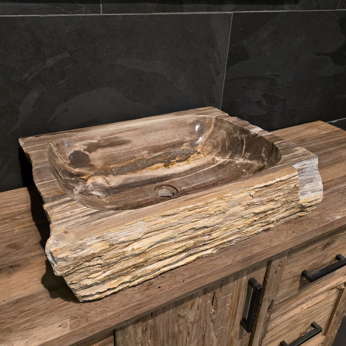 FOSSIL WOOD - Versteinertes Holz | Waschbecken Nr. 7 | B 60 x T 47 x H 15 cm - Badgestaltung | Afrika Naturstein