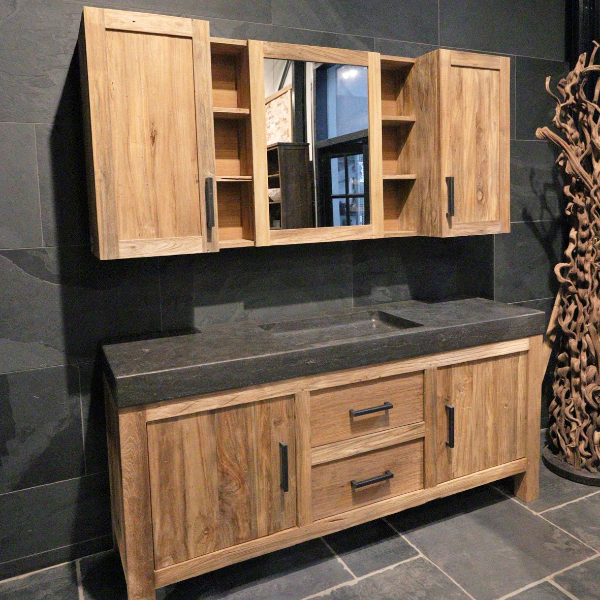 MADURA Unterschrank mit Blaustein Waschtisch und Spiegelschrank, Set - Badgestaltung | Afrika Naturstein