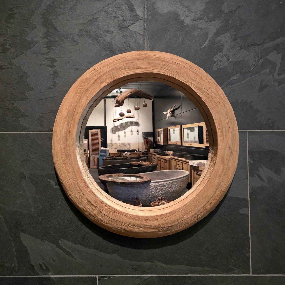 Badkamerspiegel | M | Gerecycled teakhout | Rond 55 x 7 cm