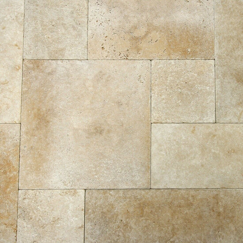Naturstein Terrassenplatten Gehwegplatten Travertin Medium Römischer Verband - Terrassenplatten | TRAVERTIN LIGHT MIX - 40.6 x 40.6 x 3.0 cm - Terrassenplatten | Afrika Naturstein