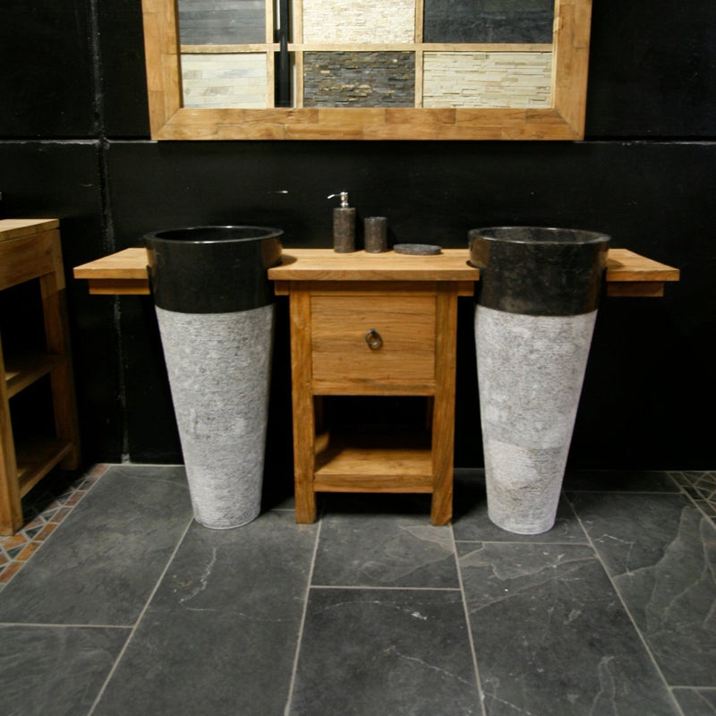 Zwei Waschbeckensäulen aus Marmor mit passendem Teak Schrank - JAMBI Unterschrank mit zwei Standwaschbecken 170 x 40 x 80 cm - Standwaschbecken Lefkas dunkel - Badgestaltung | Afrika Naturstein