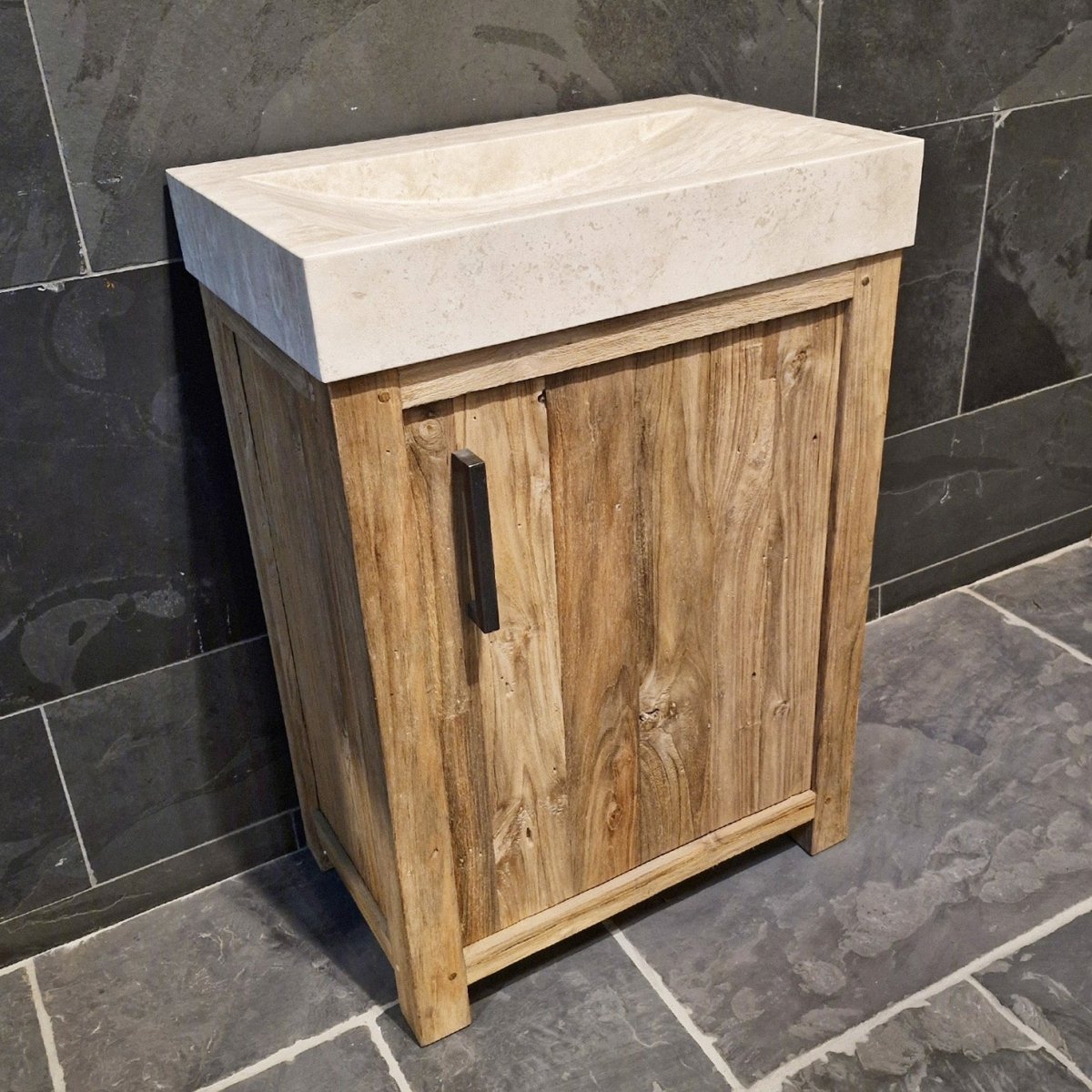 - BANTAM 4 | Unterschrank mit Waschtisch | 62 x 38 x 87 cm | rechtsdrehend - Travertin glatt - Badgestaltung | Afrika Naturstein