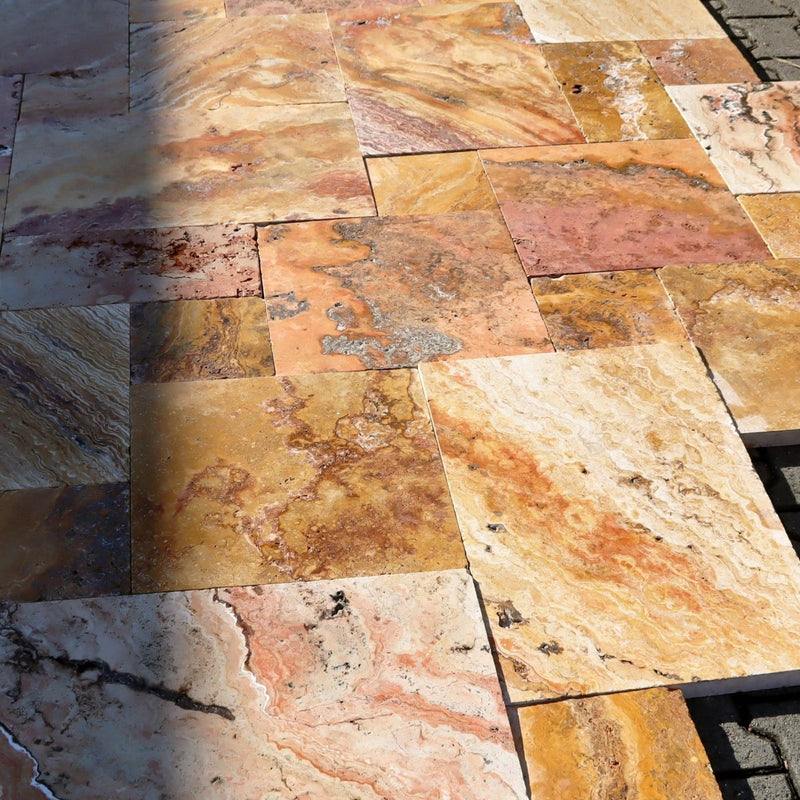 - Muster | Terrassenplatten | TRAVERTIN SCABAS ANTIK GOLD - ca. 15 - 20 x 15 - 20 cm - Muster | Afrika Naturstein