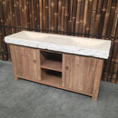 Set Teak Waschtischunterschrank mit Travertin Waschbecken - BORNEO Unterschrank mit Waschtisch 170 x 55 x 88 cm - Travertin roh - Badgestaltung | Afrika Naturstein