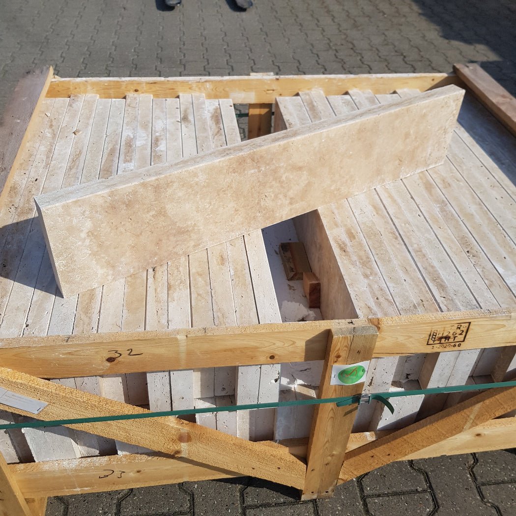 Naturstein Kantstein Randstein Travertin Dark Mix - Kantstein | TRAVERTIN MIX | 100 x 20 x 4 cm - Terrassenplatten | Afrika Naturstein