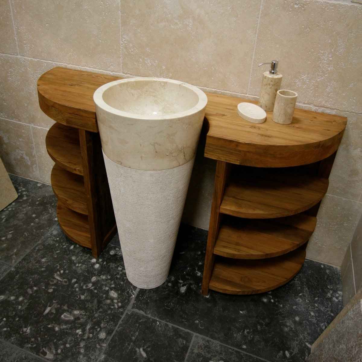 Badschrank mit Standwaschbecken von Aceh, aus Teak und Naturstein, Maße 140x45x83 cm, stilvolle Badgestaltung.