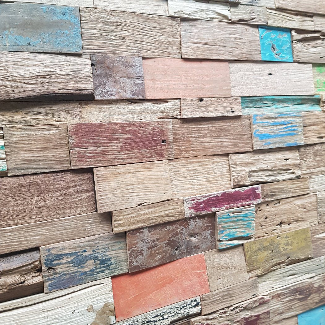 INDO Holzverblender mit Farben aus Teakholz, dekorative Wandverblender für natürliche Raumgestaltung