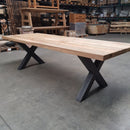 Loft Style Tisch Esstisch riesig aus Old Teak mit Eisengestell - Esszimmertisch Teak 240 x 100 x 78 - X - Form - Teakmöbel | Afrika Naturstein