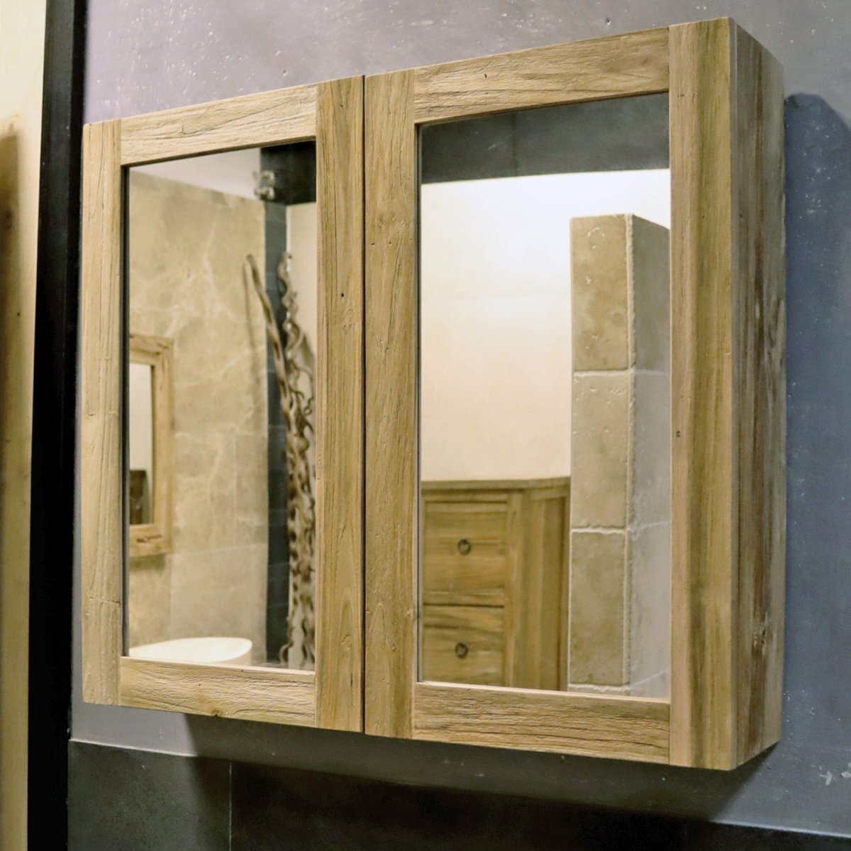 MALAYA | Spiegelschrank - Badspiegel - Wandspiegel Teak - 80 x 70 x 18 cm - Badgestaltung | Afrika Naturstein